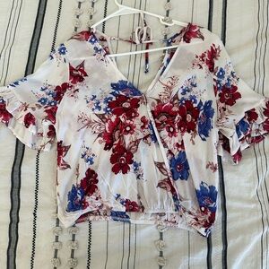 Floral V-Neck Ruffle Short Sleeve Top - White with pink & Blue Flowers